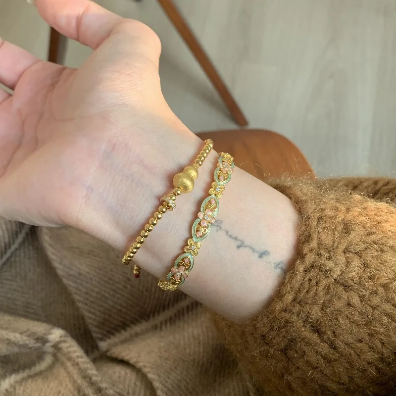 Antique gold craftsm enamel colorful flower bracelets for women  hollowed out Embossed design Court style bangles Hanfu jewelry