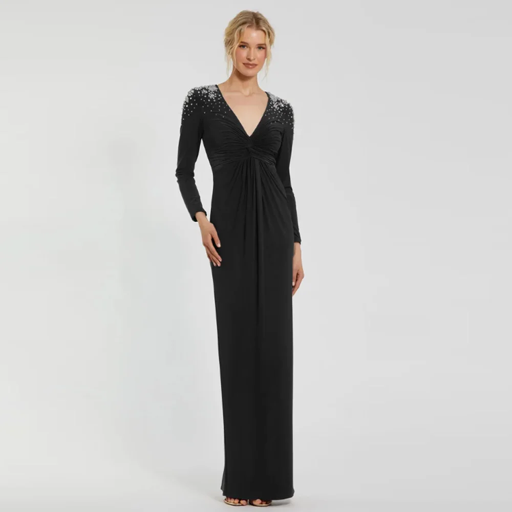 

Customized Luxury Evening Dress Crystal Long Sleeves Evening Gowns for Women Floor Length Straight Modern Prom Dress