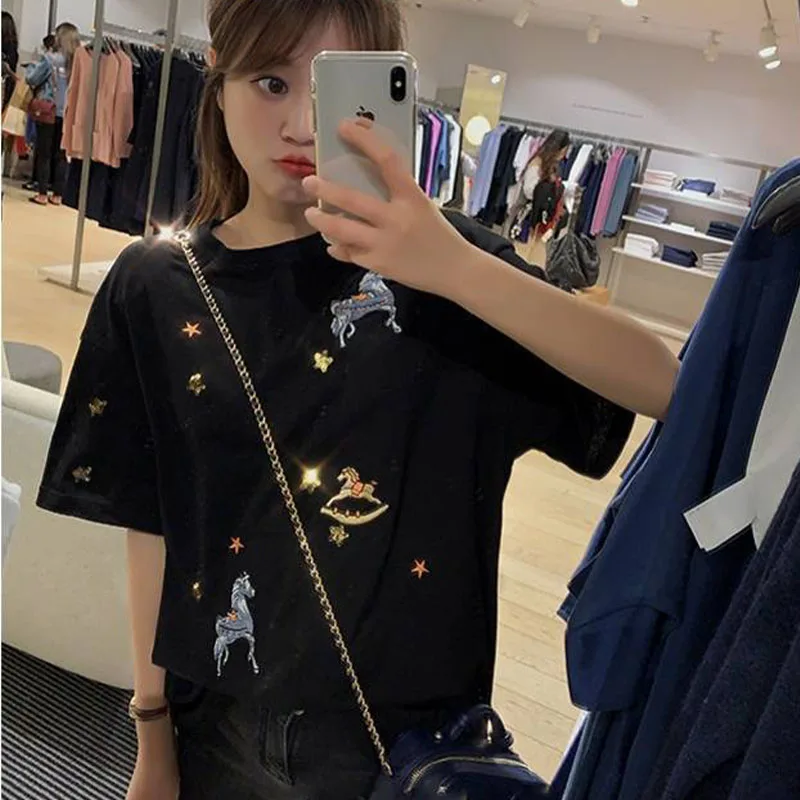 

Korean Style O-neck Short Sleeve T-shirt Summer New Pony Embroidery Loose Tops Women Y2k Chic Casual Pullovers