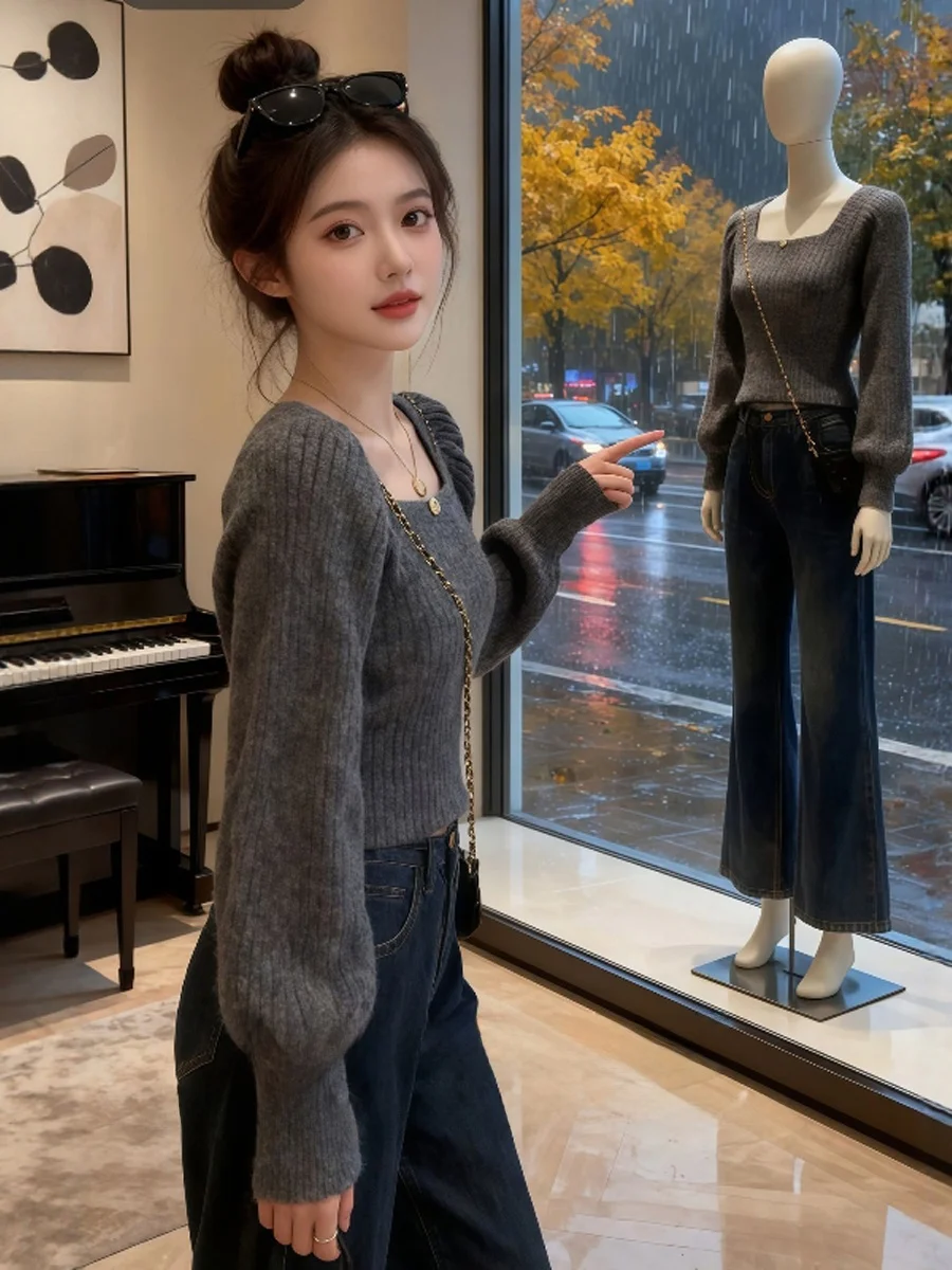 

ort Knitted Sweater Women's ey Square Collar Lantern Sve Korean Sle Autumn Winter Lazy Top Faion Commute Loose Fit