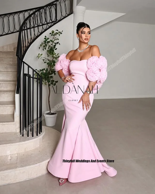 Thinyfull Mermaid Satin Dubai Prom Dresses 3D Flowers Off Shoulder Evening Dress Long Special Occasion Gown Customized image 2