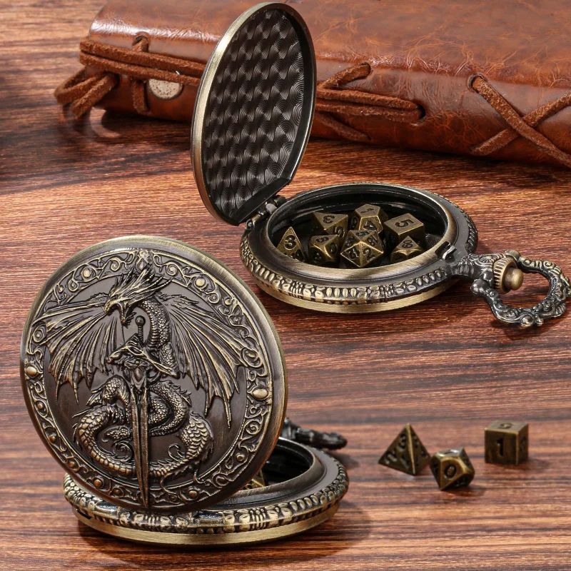 High Quality Flying Dragon Pocket Watch Dice Set 7 Piece Metal Polyhedral DND Dice with Chain for RPG Tabletop Games Gift