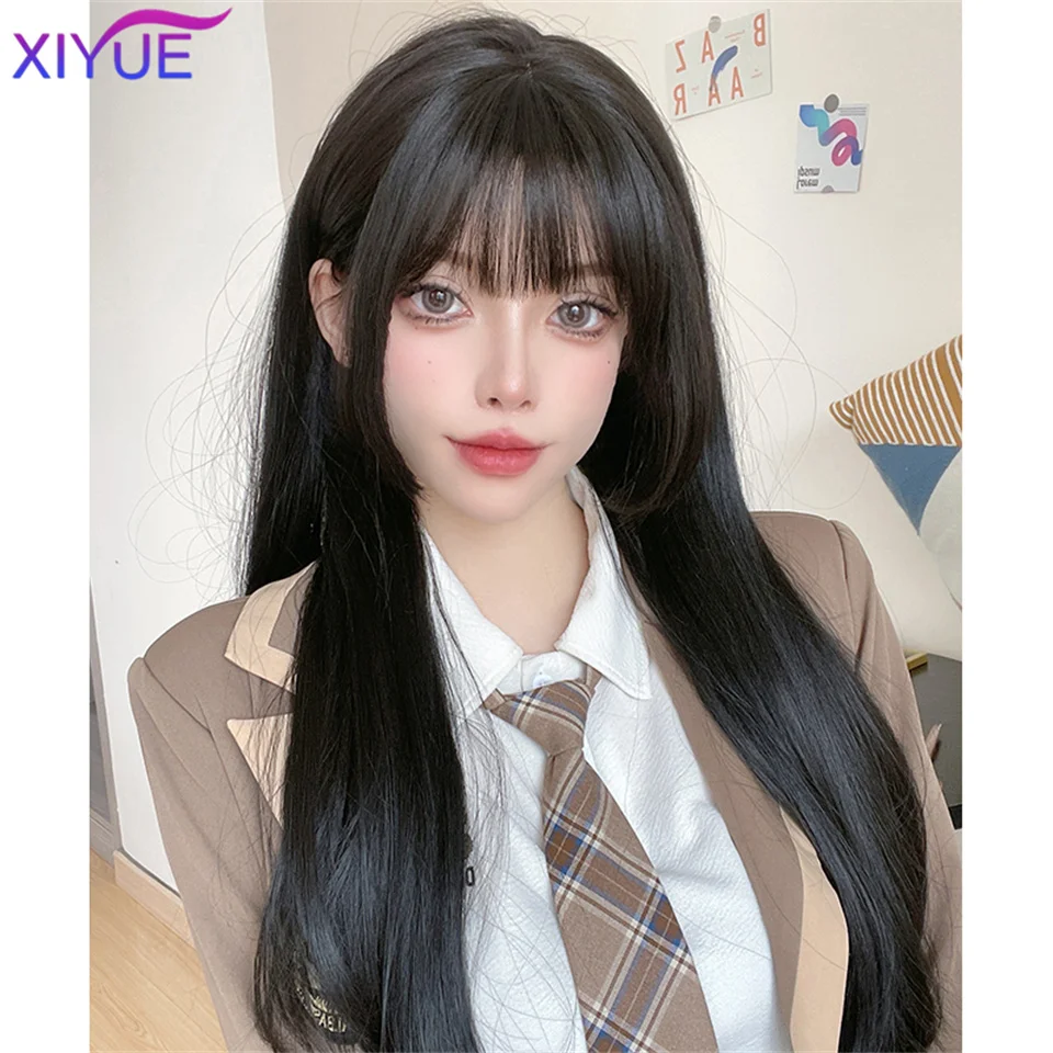 XIYUE Princess Cut Bangs długie proste peruki syntetyczne dla kobiet peruki z naturalnymi falami z grzywką żaroodporne włosy Cosplay