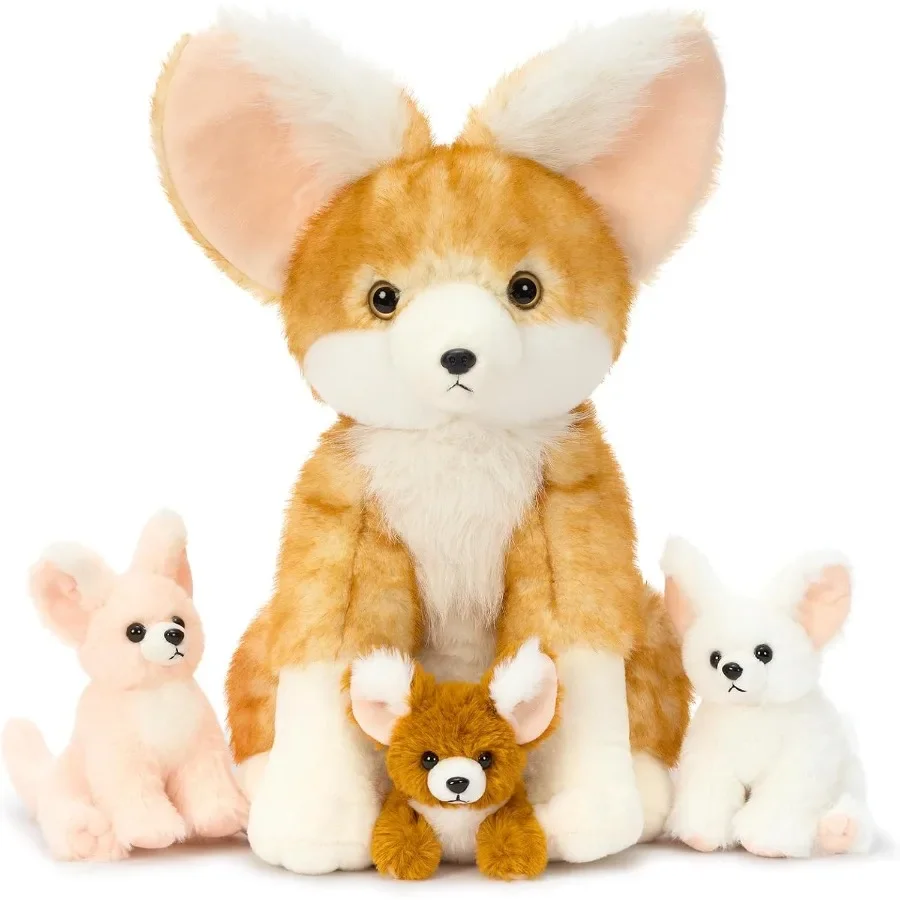 

4Pcs Fennec Fox Plush Toy Cute Soft Mother Fox Stuffed Animal with 3 Fennec Fox Babies 17.4 Giant Zoo Animal Plushies for Hugga