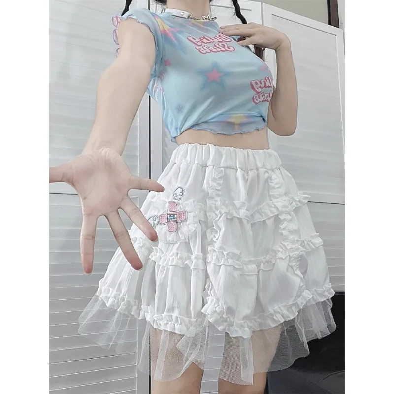 Subculture Japanese Lace Ruffles Kawaii Cake A-line Skirt Y2k Sweet Lolita  Harajuku White Half Skirt Girl Lovely Soft Sister