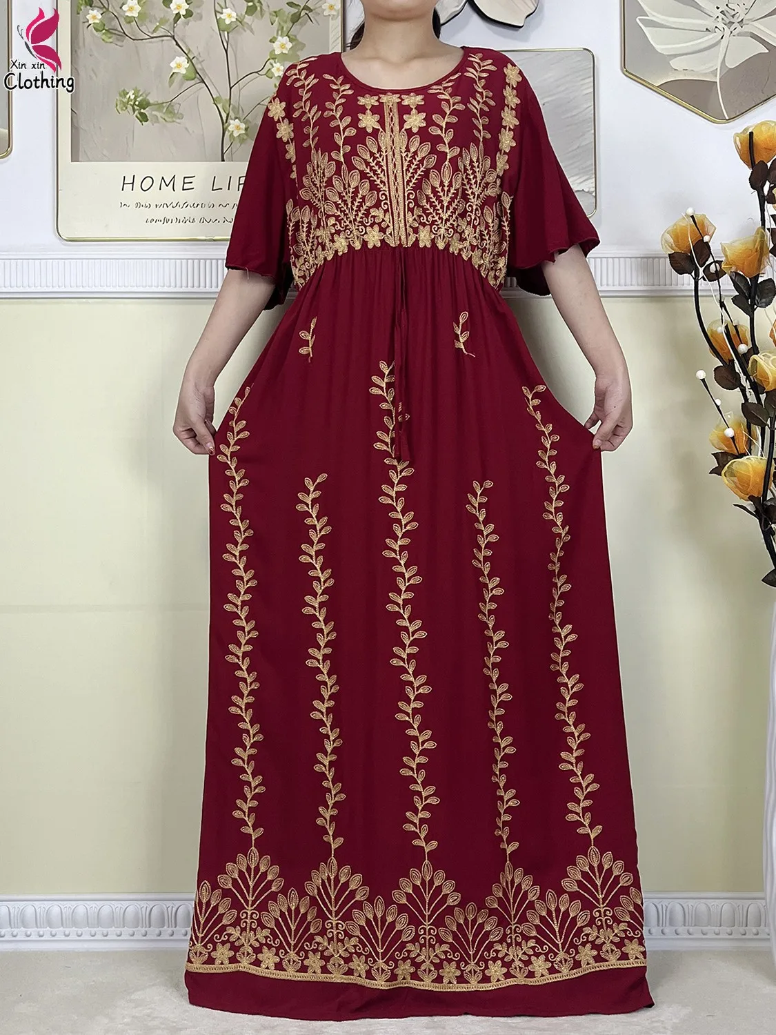 New Muslim Summer Abaya For Women African Islamic Embroidery Dress Short Sleeve Collect Waist Cotton Dubai Evening Party Dress