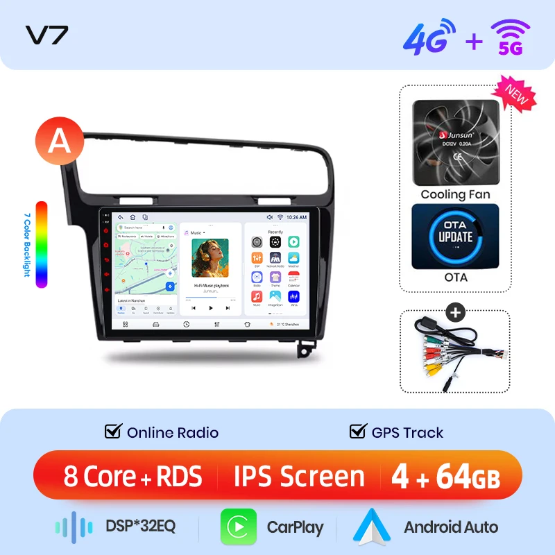 Junsun draadloze CarPlay Android Auto autoradio voor Volkswagen (VW) Golf Mk7 (Typ 5G) 2012-2017 met ingebouwde koelventilator, Android GPS navigatie, multimediaspeler, WiFi, DSP, RDS, BT, SWC, IPS