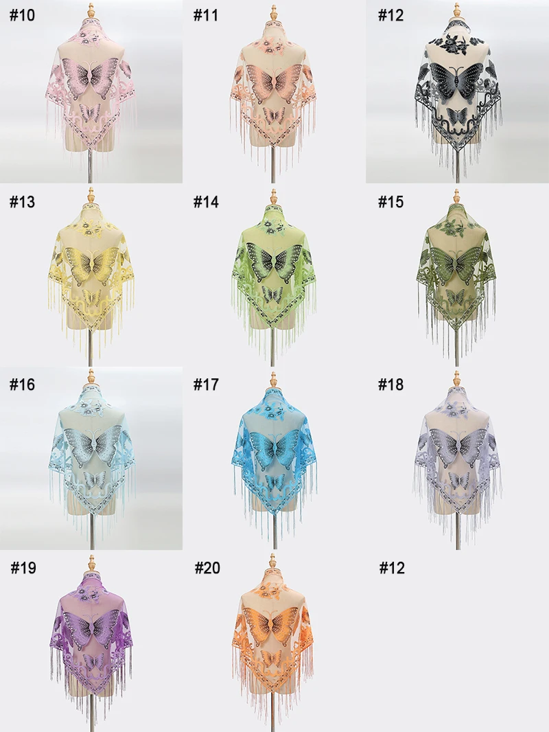 Printed Butterfly Lace Scarf Triangle Tassel Shawl Elegant Ladies Summer Solid Color Shiny Scarves Fashion Cape 150*65cm