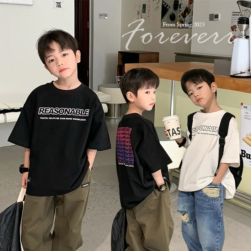 

Summer Casual School Kids Loose Cotton Alphabet Tee Tops Baby and Boys Short-Sleeved T-Shirt Children Outerwear 1-16 Years