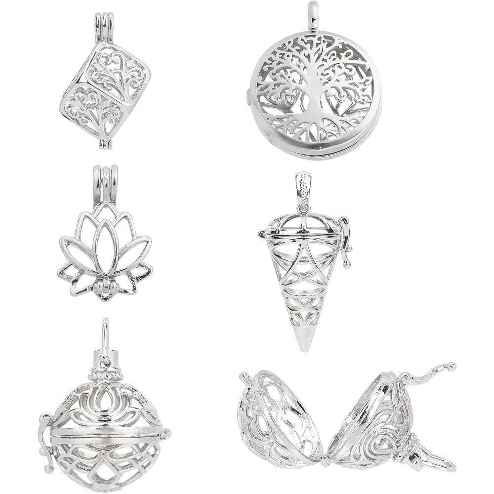 10Pcs 5 Styles Cage Charms Brass Locket Charms Stone Holder Necklace Silver Hollow Spiral Bead Cages Lotus Tree of Life