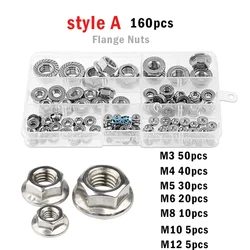 105/100pcs Flange Nut Set M3 M4 M5 M6 M8 M10 M12 Hexagon 304 Stainless Steel Serrated Spinlock Flange Lock Nuts Assortment Kit