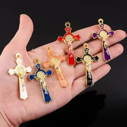 5 Pieces/Religious Charm Gold Plated Cross Christian Jewelry Cross Pendant Saint Benedict Cross Pattern Pendant Pendant Necklace