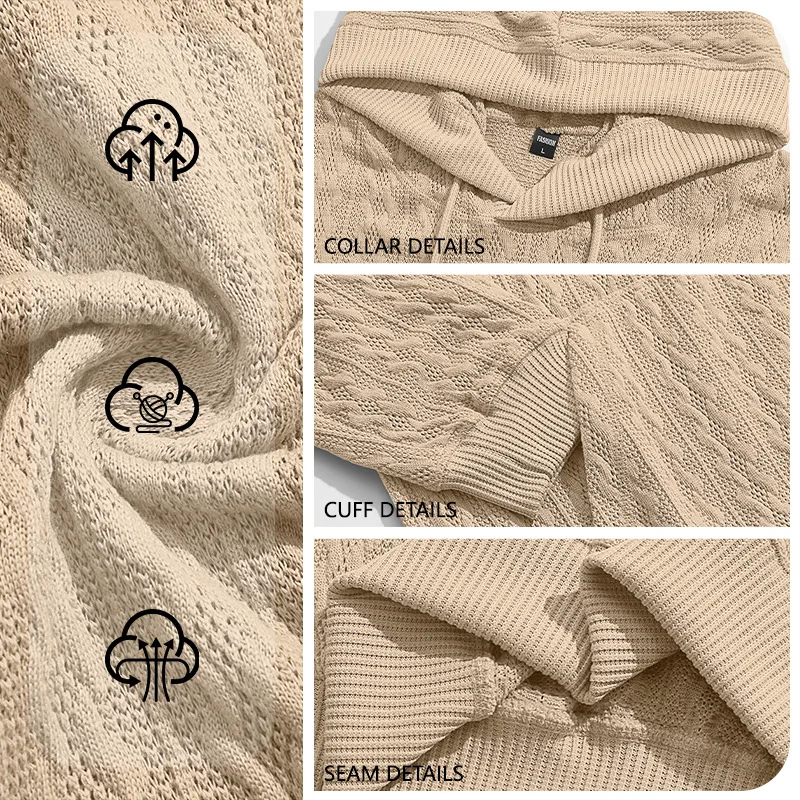 Men'S Knitted Hooded Sweatshirt With Sleeve Pocket Leather Label Drawstring Sports Pullover Casual Daily Wear view 2