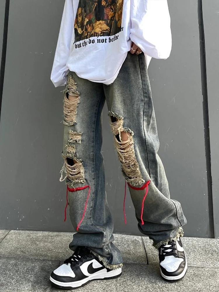 

HOUZHOU Ripped Jeans Pants for Men Punk Denim Trousers Male Straight Leg Jeans Hip Hop Harajuku Korean Streetwear Hippie Hole