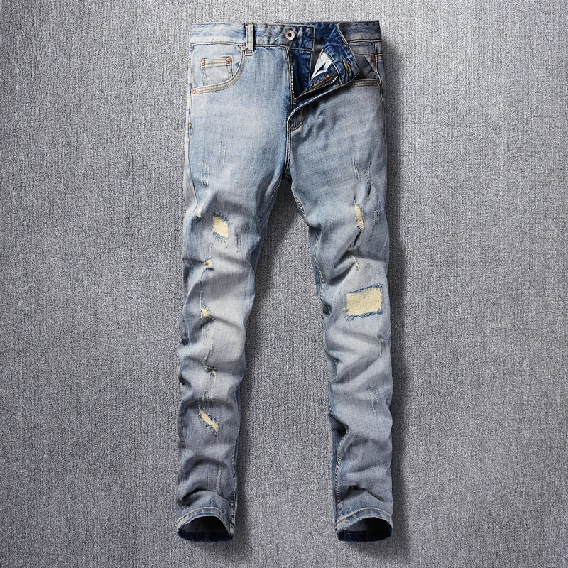 

Italian Style Fashion Men Jeans Retro Light Blue Elastic Stretch Slim Fit Ripped Jeans Men Patched Designer Vintage Denim Pants