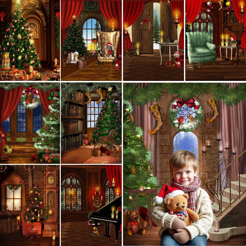 

MOON.QG New Year'S Decor Christmas Background Photography Vintage Castle Interior Red Curtain Backdrop Photobooth Poster Studio
