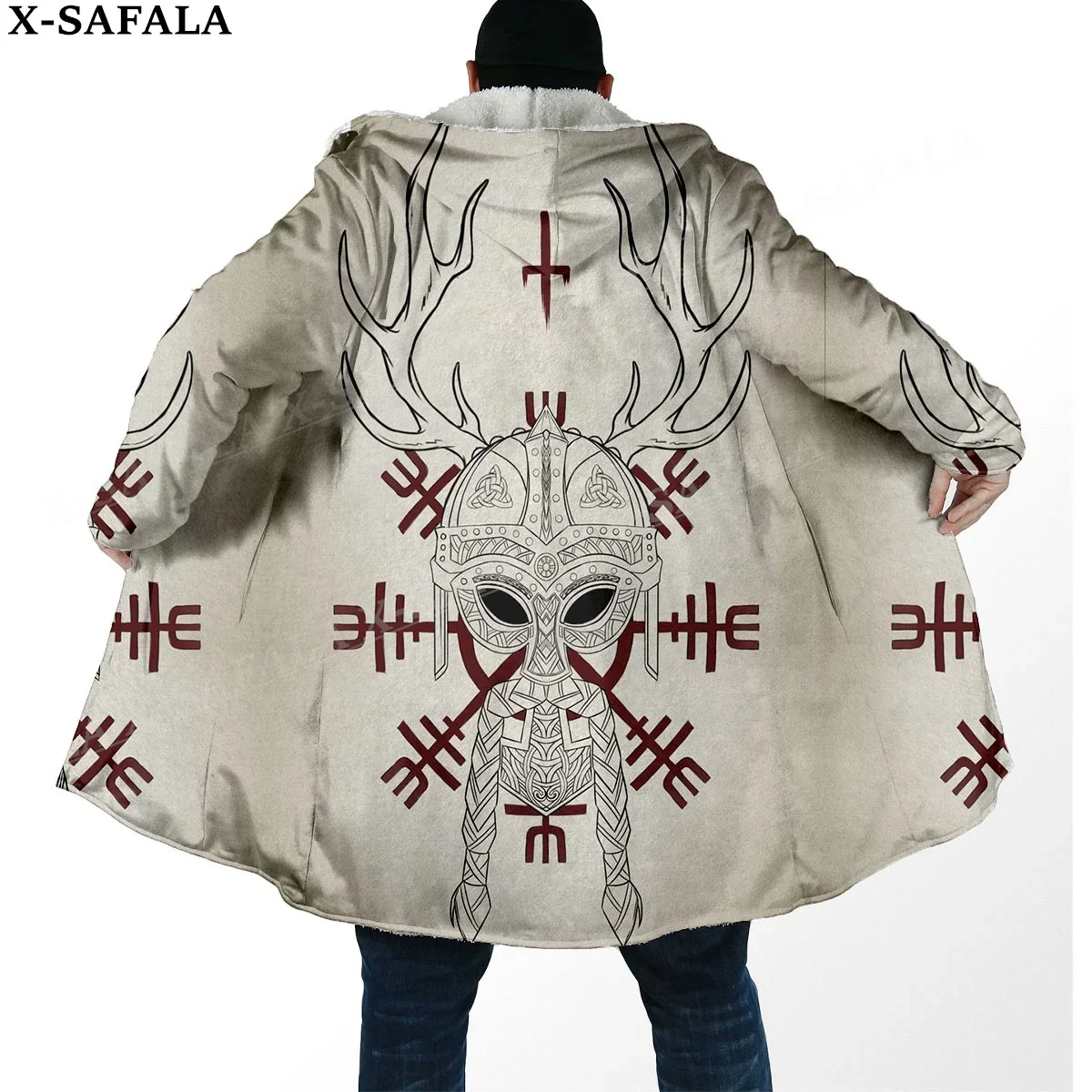 Viking Odin Tattoo Symbool Totems Art Dikke Warme Kapmantel Mannen Overjas Jas Winddicht Fleece Cape Gewaad Capuchon Deken-7