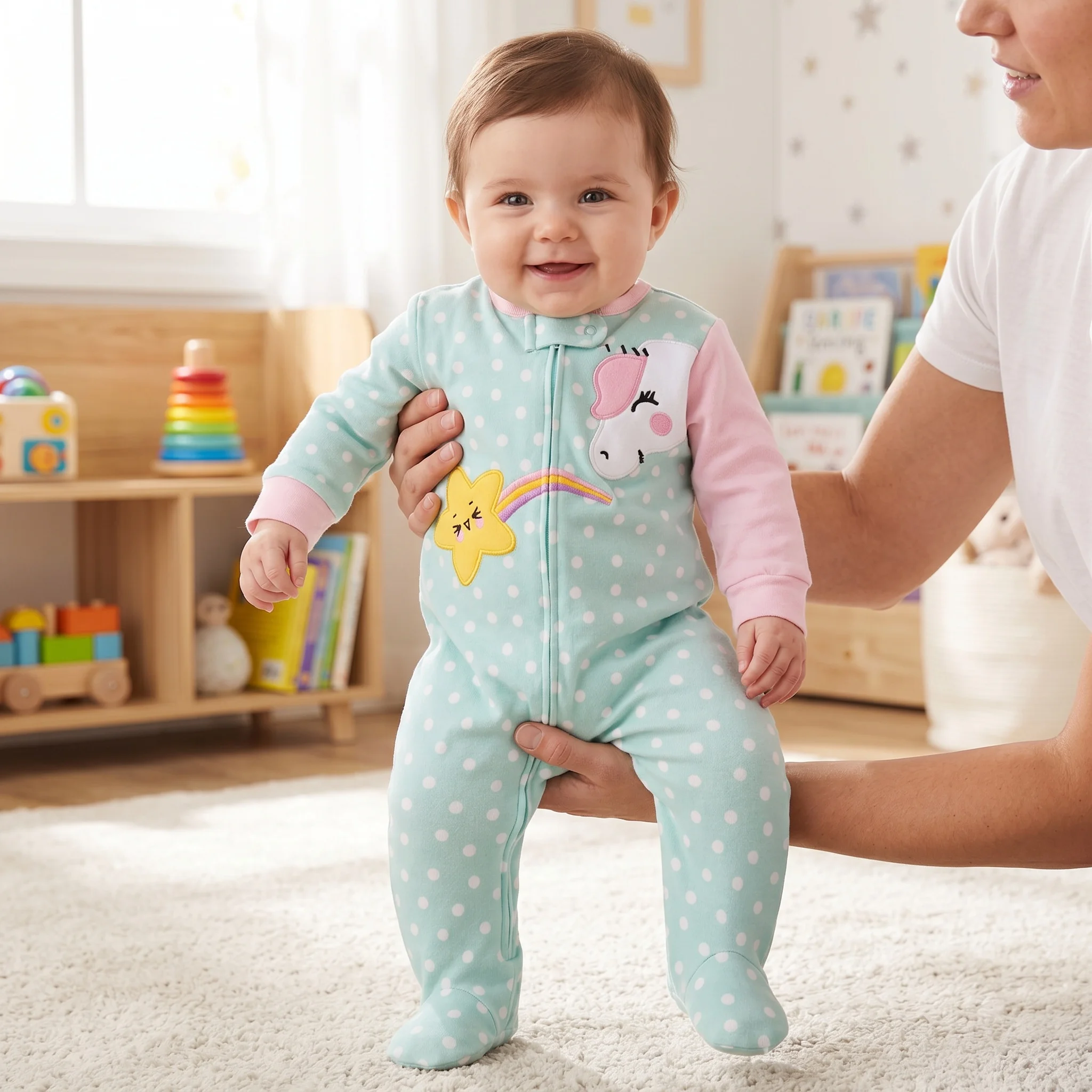 Green Cotton Baby Footed Romper Polka Dot Unicorn&Koala Embroidery Zipper Onesie for 3-9M Newborn Girls All Season Loungewear