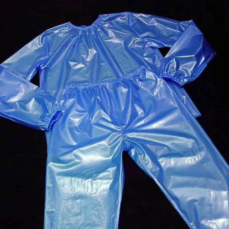 Man Sexy Pink PVC High Gloss Pullover Trousers Set Women Soft Long Sleeved Round Neck Shirt Lantern Pants ABDL Plastic Underwear