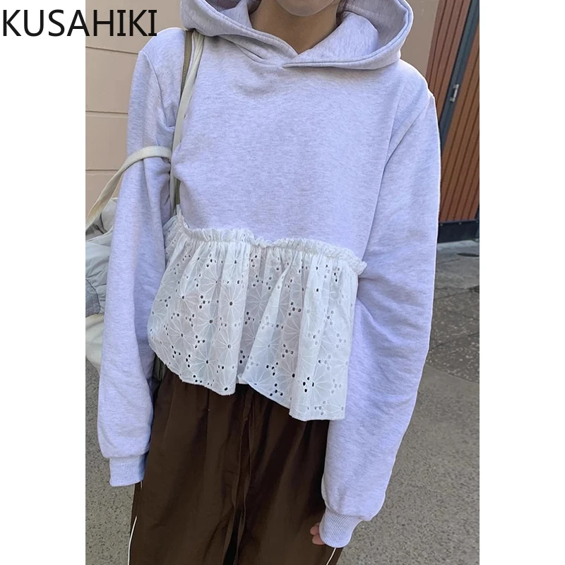 KUSAHIKI Korean Chic Autumn Niche Casual Splicing Hollowed Out Lace Versatile Long Sleeved Hooded Sweatshirt for Women