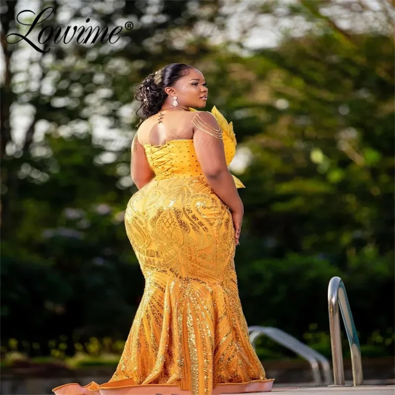 Aso Ebi Arabic Gold Mermaid Prom Dresses Plus Size African Sequined Engagement Wedding Party Dress Beaded Formal Evening Gowns