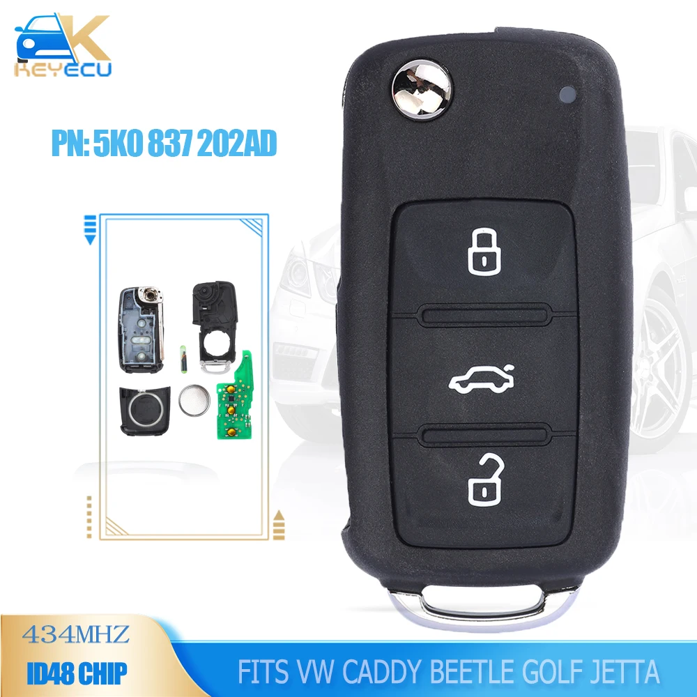 KEYECU 5K0 837 202AD zdalny klucz składany pilota 434MHz ID48 dla VW Golf Jetta Polo Beetle Scirocco Tiguan 2009 2010 2011 2012 2013 2014