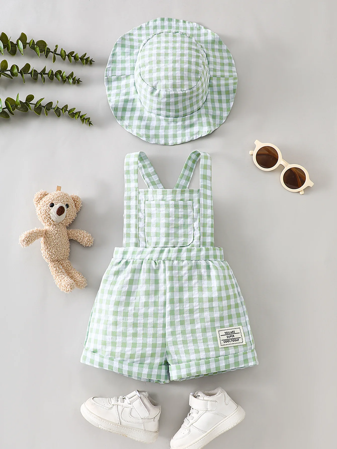 Baby Plaid Suspender Shorts and Sun Hat Set, Breathable and Cute for Outdoor Play in Summer, Comfortable and Stylish