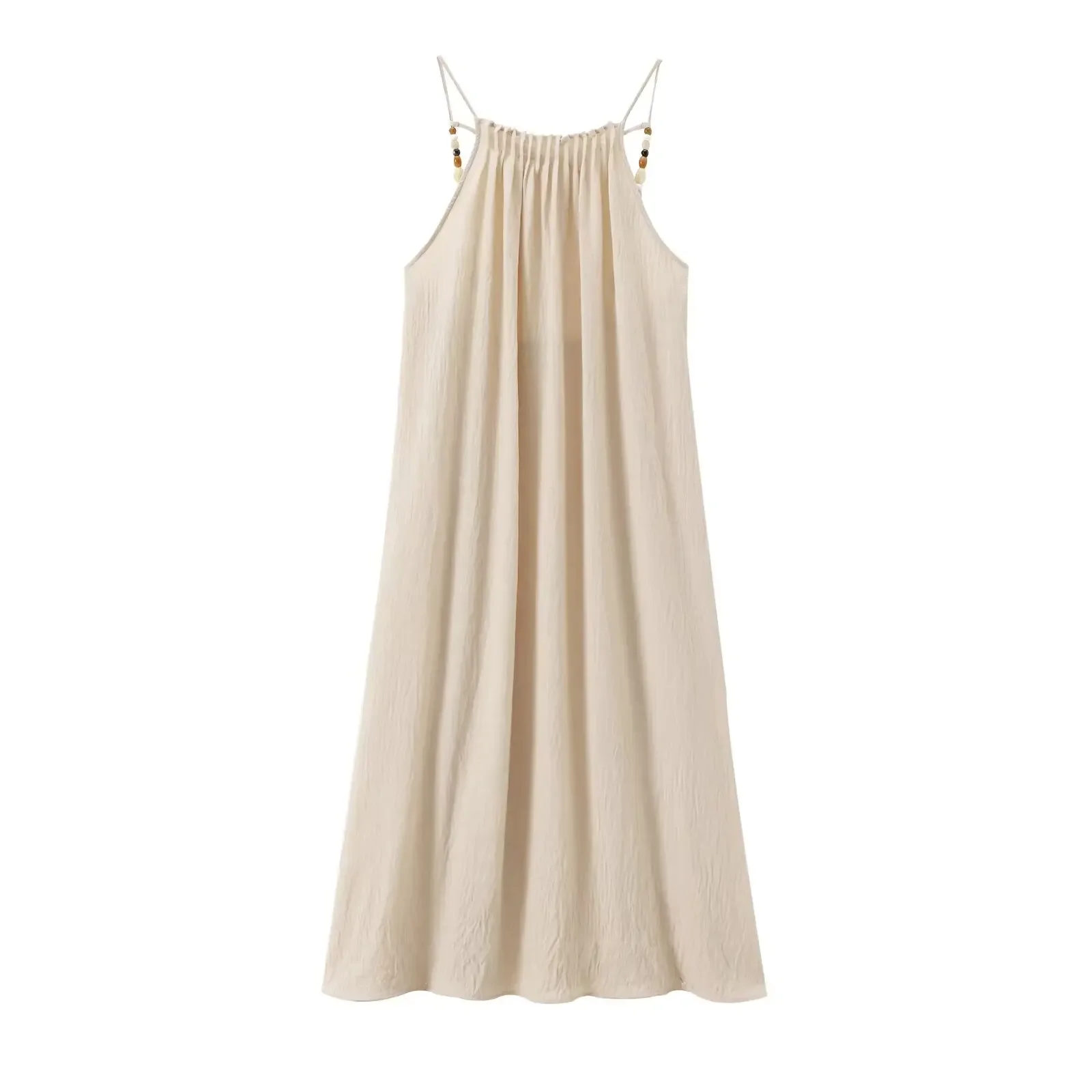 

Women's summer new fashion beaded decoration loose pleated suspender midi dress retro backless lace up women's dress Mujer Z0253