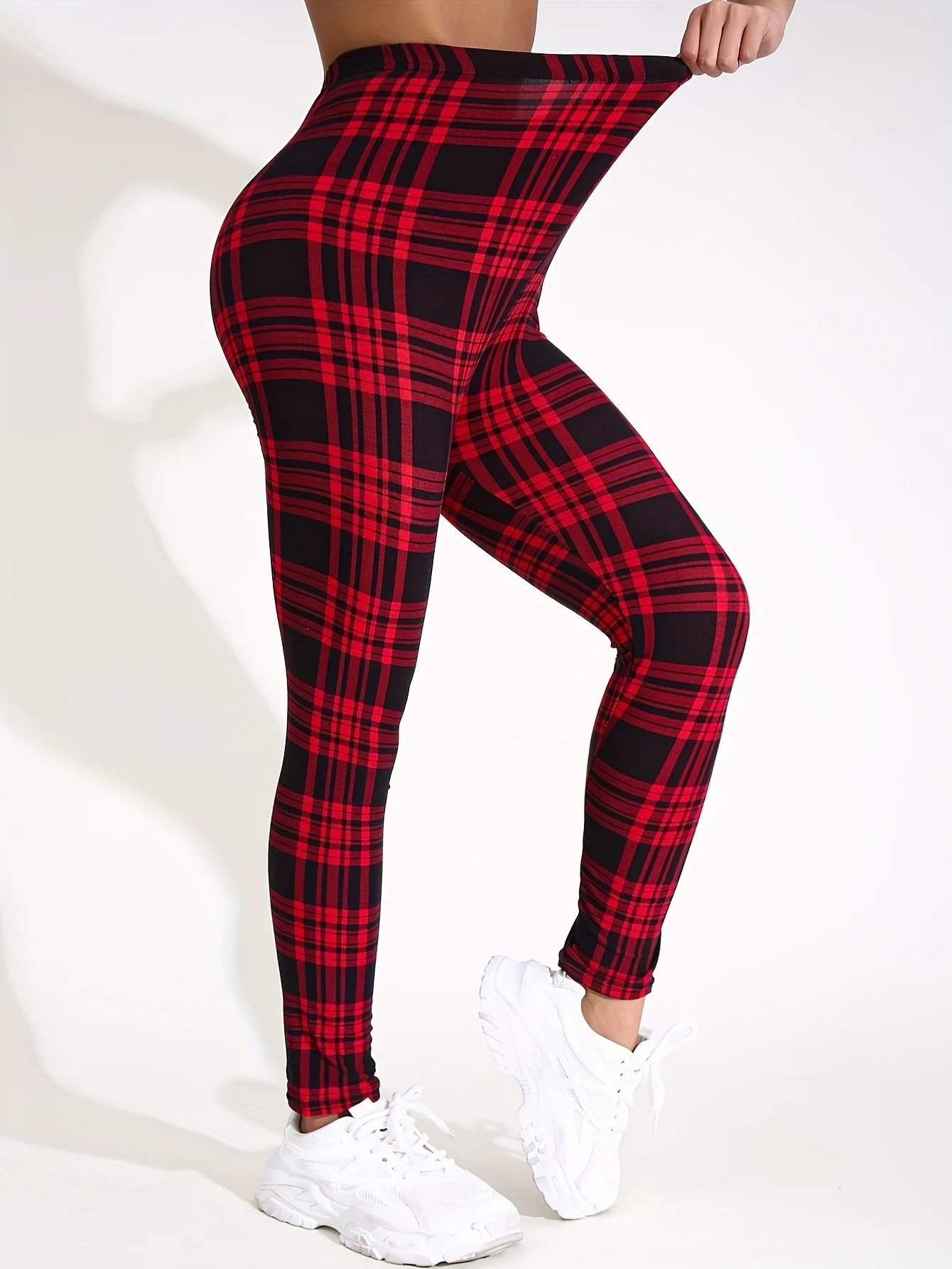 Yoga Pants, Women's High‑Waist Red Black Plaid Checkered Print Stretch Leggings, Buttery‑Soft Full‑Length Gym Workout Daily Casual Active Pants