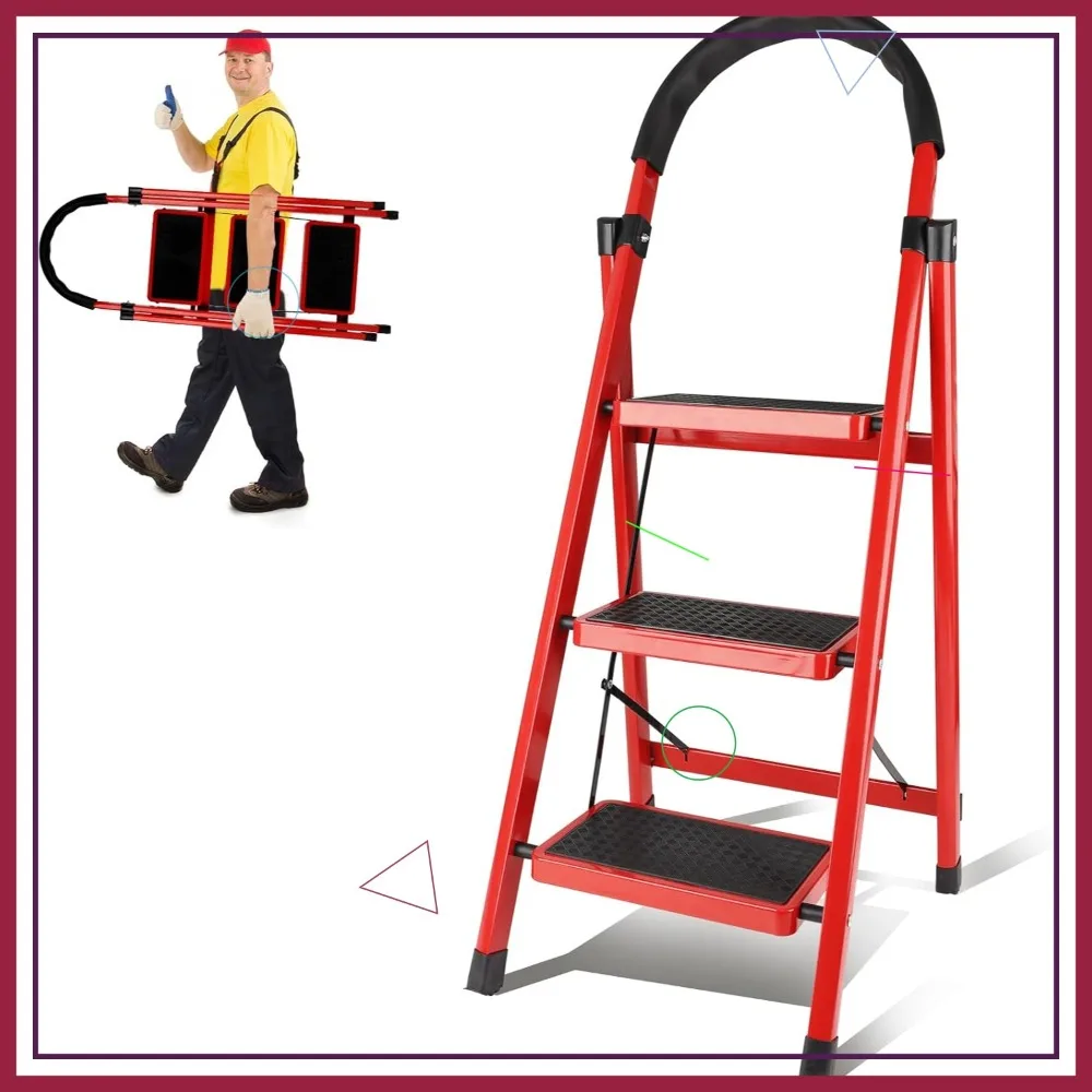 

3 Step Folding Ladder, Wide Anti-Slip Pedals, Curved Handrail, Heavy Duty Multi-Purpose Step Stool for Adults