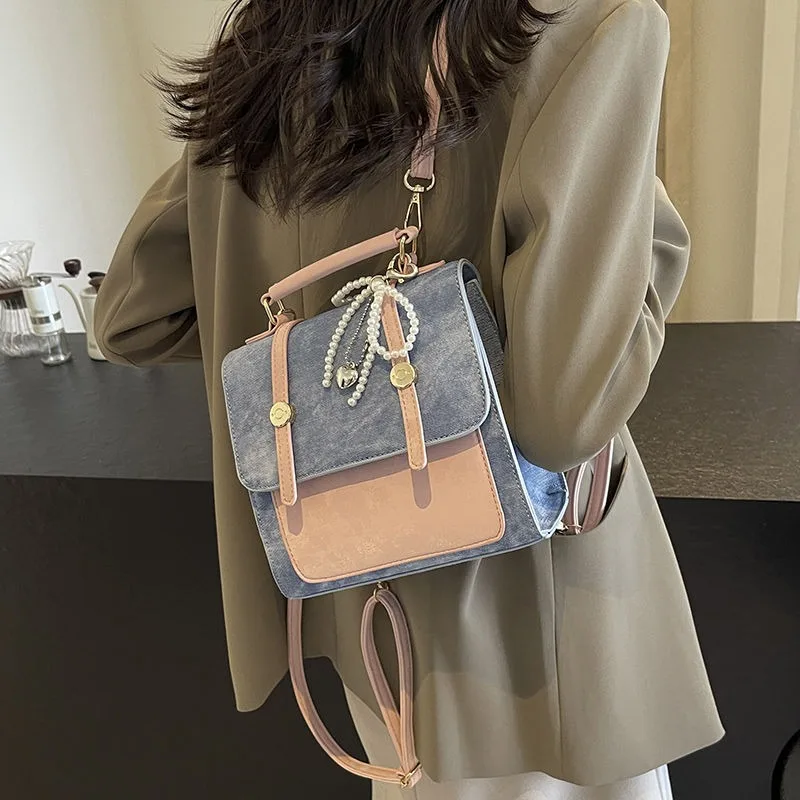 BOMO College Style Rucksack Women Fashion Solid Color Pearl Pendant Back To School Backpacks PU Leather Flip Top Backpack