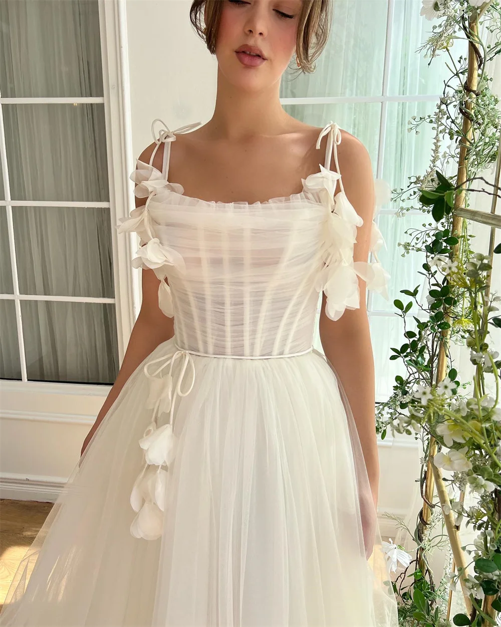 Cathy Princess White Tulle Wedding Dresses Spaghetti Strap with Flowers فساتين سهرة Elegant Ankle-length vestidos de fiesta 2024