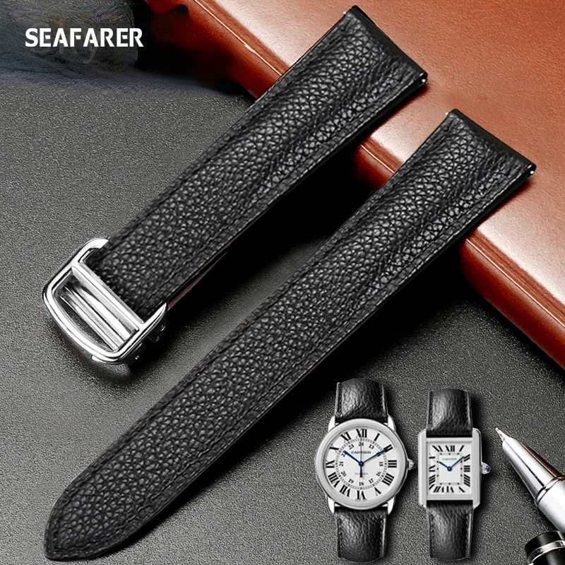 Genuine Leather Watch Strap for Cartier Tank London Solo Soft Comfortable Lychee Pattern Women\'s Watchband Accessories 20mm 22mm