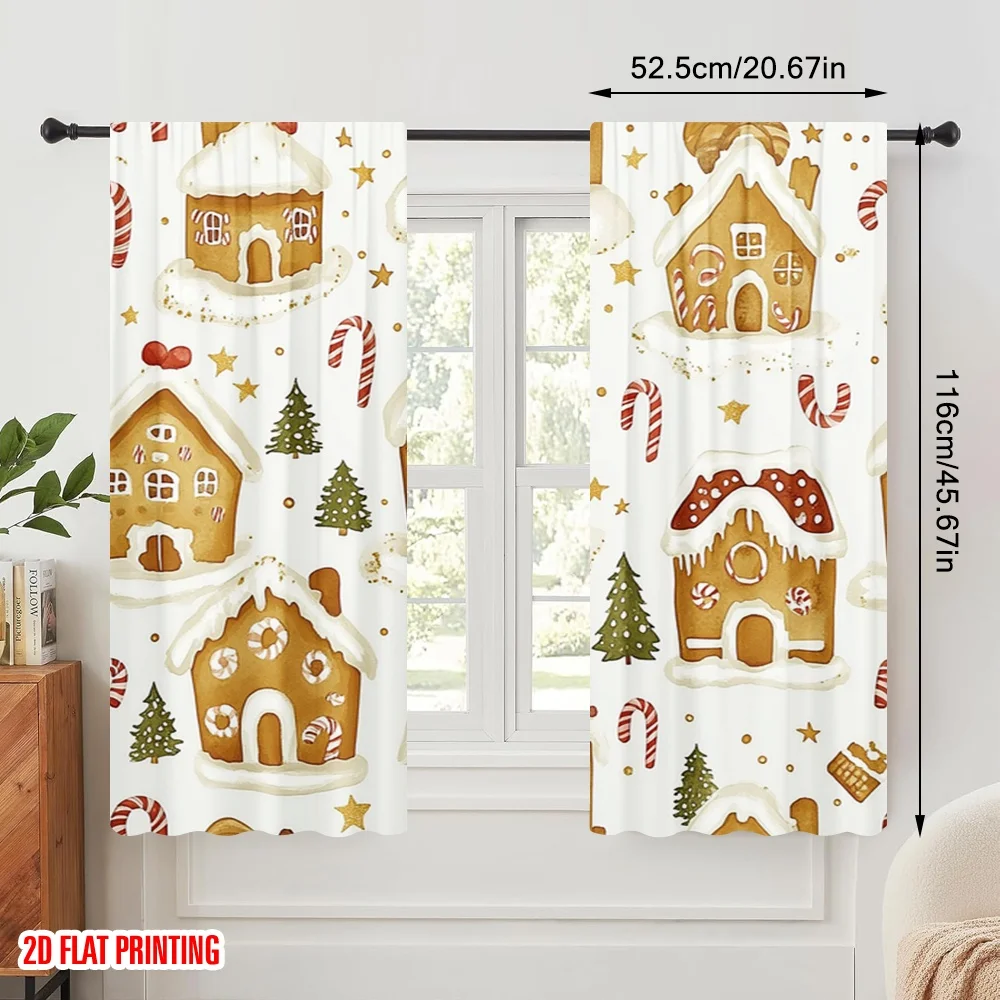 2pcs,2D plane printing Curtains&Window Treatment Gingerbread Christmas Houses Trees Durable 100% Polyester Fabric (without rod)