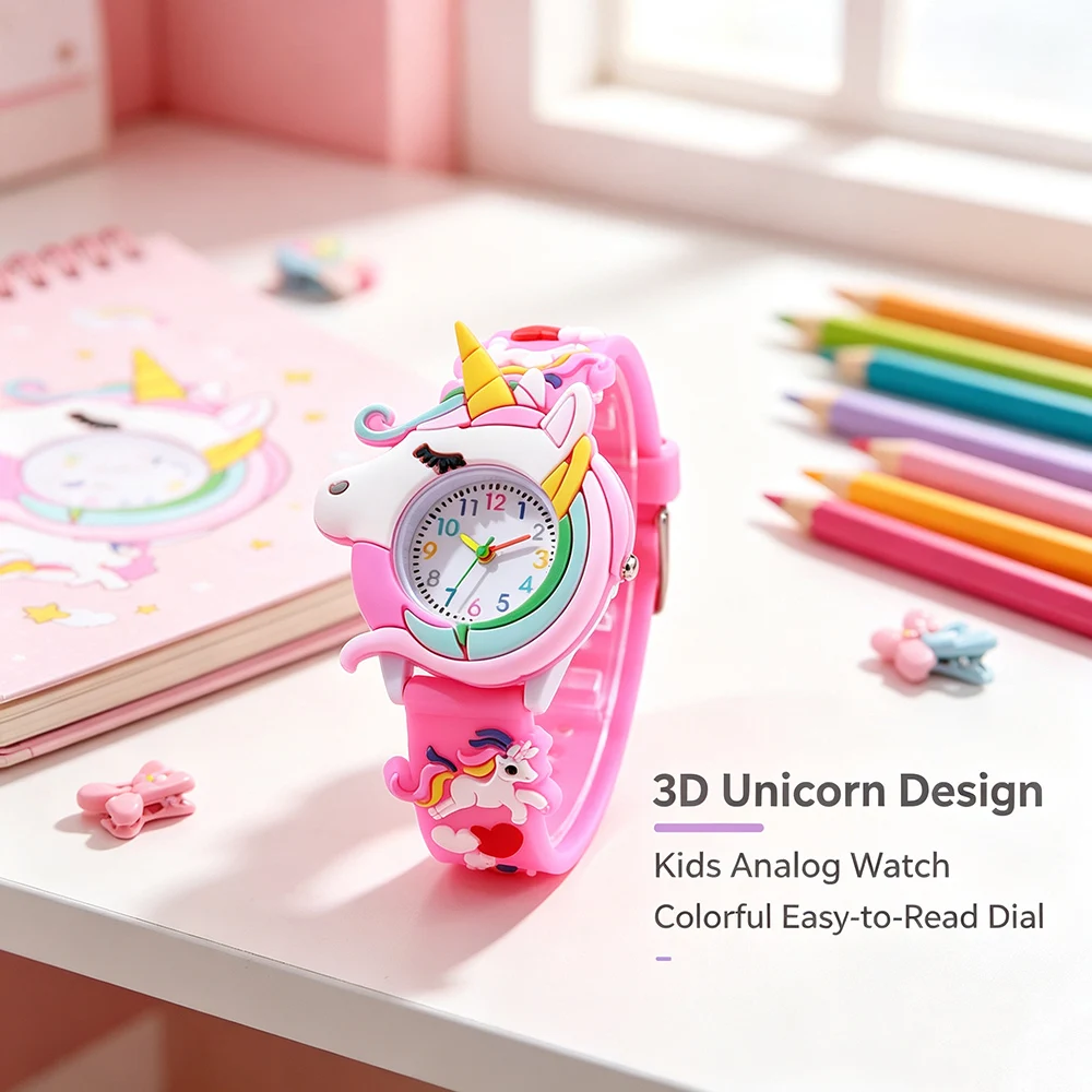 New 3D Cartoon Unicorn Children Watches For Girls Cute Pink Blue Kids Boys Watch School Student Gifts Quartz Clock