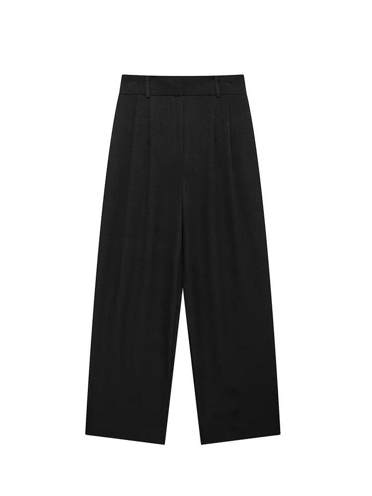 Willshela Women Fashion Black Front Zipper Wide Leg Pants Vintage High Waist Full Length Female Chic Lady Trousers