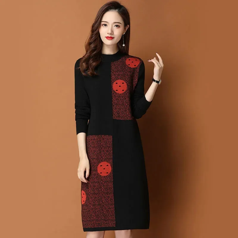 2024 NEW Autumn Winter Loose Knitted Sweater Dress Middle Aged Elderly Mother Medium length Thick Pullover Knit Dresses Vestidos