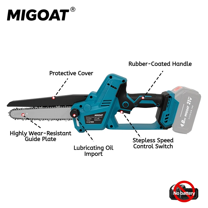 منشار MIGOAT خفيف الوزن مقاس 8 بوصات، ماكينة تشذيب فرع مريحة، نظام أمان منخفض الارتداء، أداة حديقة لبطارية ماكيتا 21 فولت