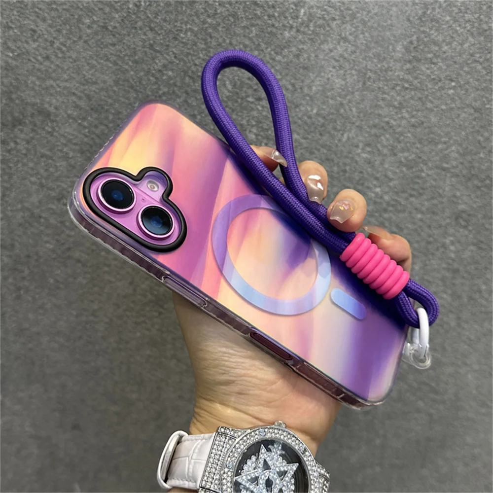 مع الحبل الليزر المبهر ل Magsafe جراب هاتف آيفون 15 16 زائد 12 13 14 برو ماكس 11 التدرج متجمد الغطاء الواقي