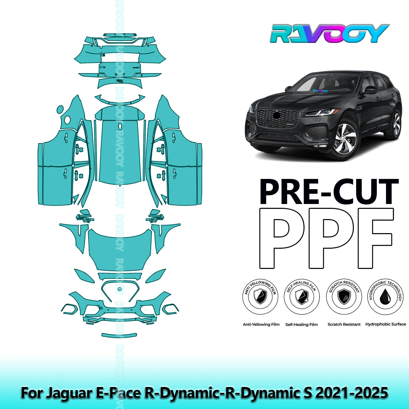 

Для Jaguar E-Pace R-Dynamic R-Dynamic S 2021-2025 8,5 мил, предварительно вырезанный полный автомобильный прозрачный бюстгальтер, защитная пленка для краски PPF