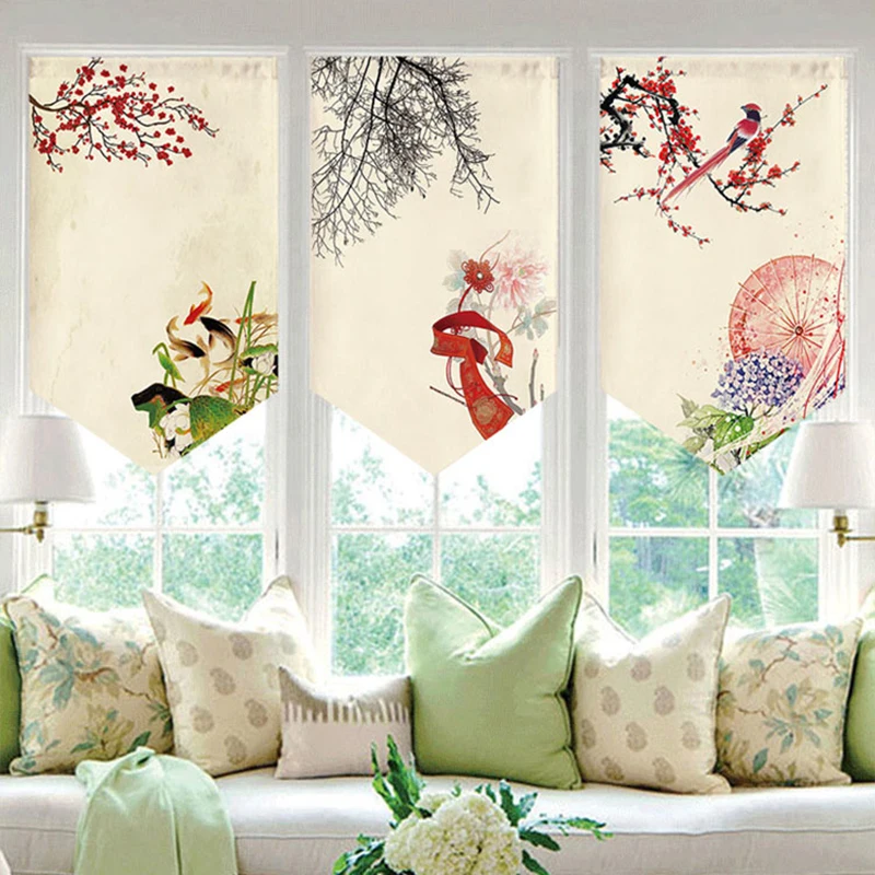 Chinese Style Ink Landscape Scenery Hanging Half Curtain  Kitchen Noren Doorway Partition Triangle Flag Restaurant Coffee Drapes