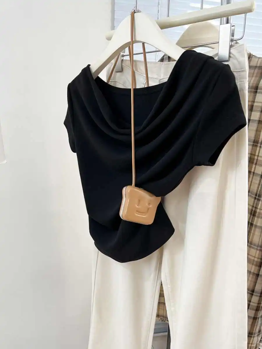 Mode Sommer Frauen T-shirt Einfarbig Weiche Kurzarm Schaukel Kragen Tops Koreanische Sexy Plissee Mädchen Slim Fit Tees