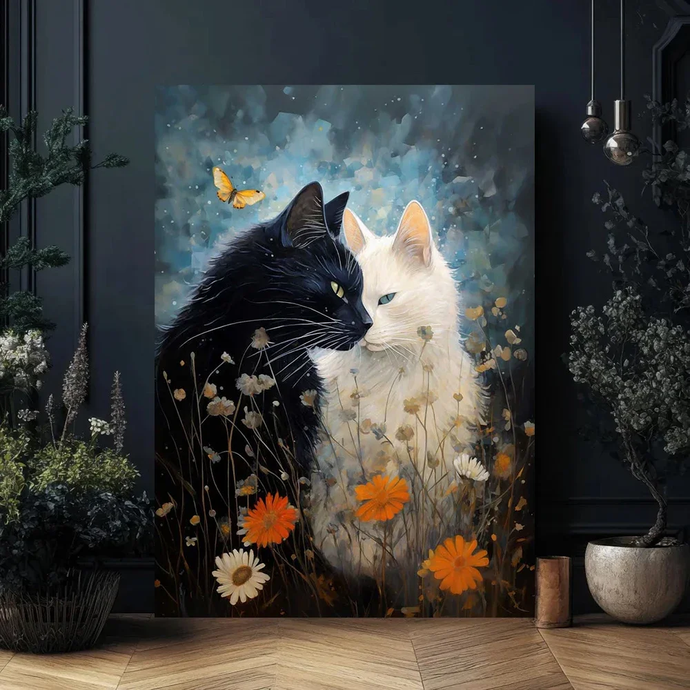 Multiple sizes 1pc frameless Canvas Painting,Two Cats Closely Together Starry Sky White Flowers Poster and Prints Canvas Paintin