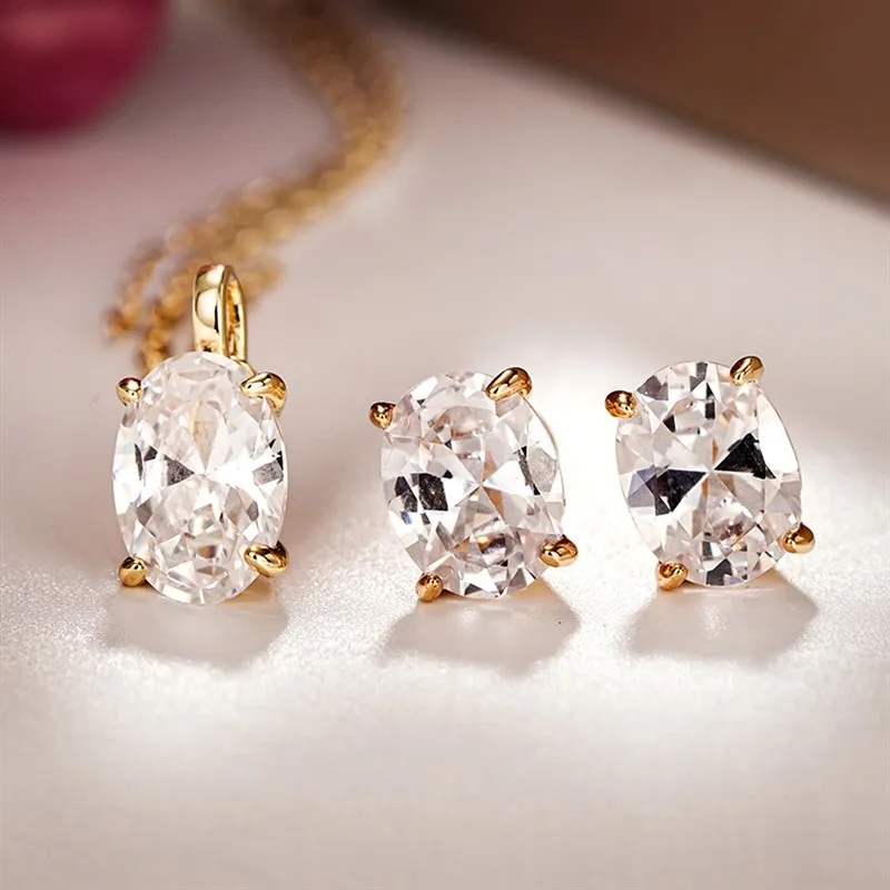 Huitan 2PCS Geometric Oval Jewelry Set for Women Minimalist Stud Earrings Pendant Necklace Simple Elegant Daily Accessories