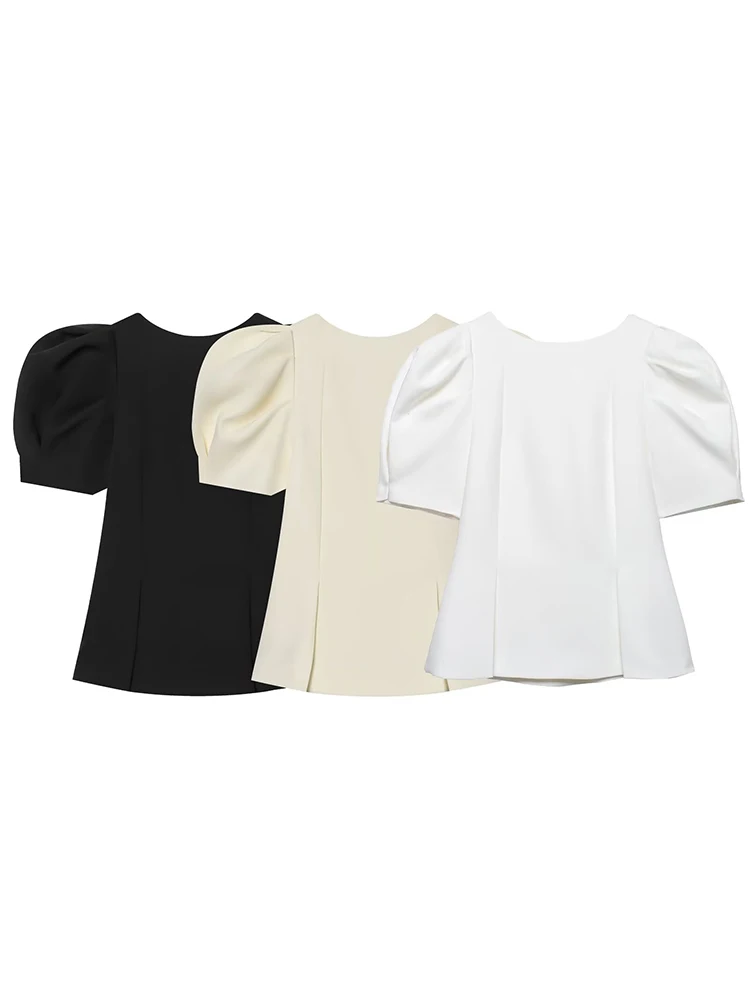 HH Women'S Elegant Puff Sleeve Blouse 2026 Summer  - Solid Color Slim Fit Peplum Hem Office Wear Top  for Work & Business Casual