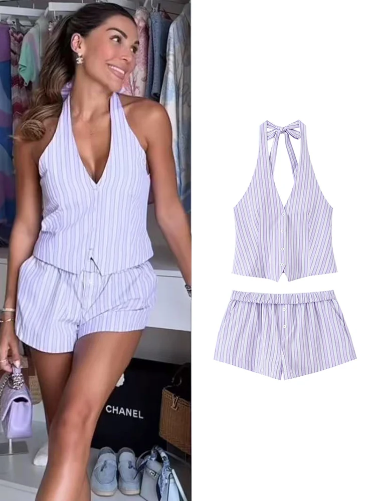 

TFMLN Women Shorts 2 Piece Set Casual Stripes Print Sleeveless V Neck Halter Tops Low Waist Slim Fit Mini Shorts Summer Outfits