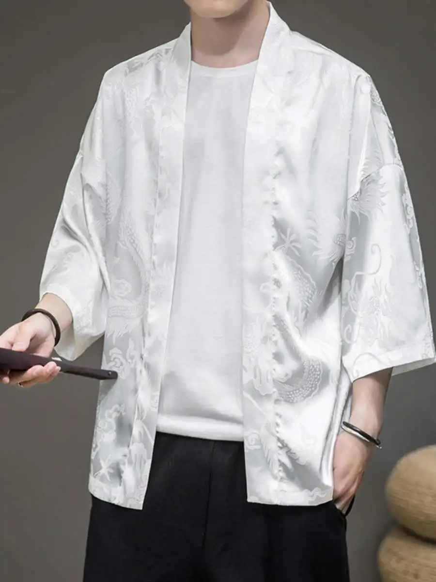 

Новая летняя ультратонкая мужская свободная одежда из ледяного шелка для защиты от солнца, дышащая одежда в стиле Ханьфу, халат с драконом, Дао Пао, повседневная молодежная одежда