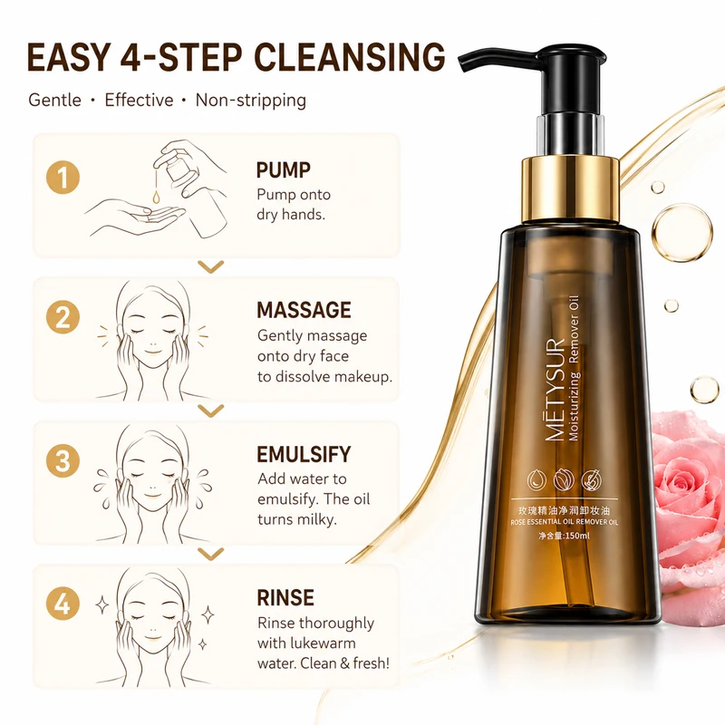 Rose Essential Oil Makeup Remover 150ml Deep Cleansing Oil Gentle Face Eye Lip Cleanser Waterproof Makeup Remover image 6