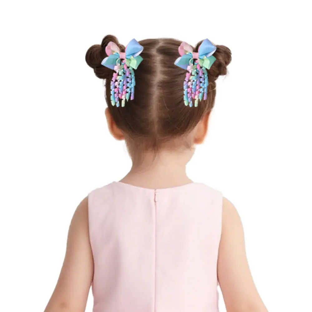 2 개/대 새로운 어린이 다채로운 헤어 클립 머리 장식 활 Tassel 헤어 액세서리 캔디... - 5