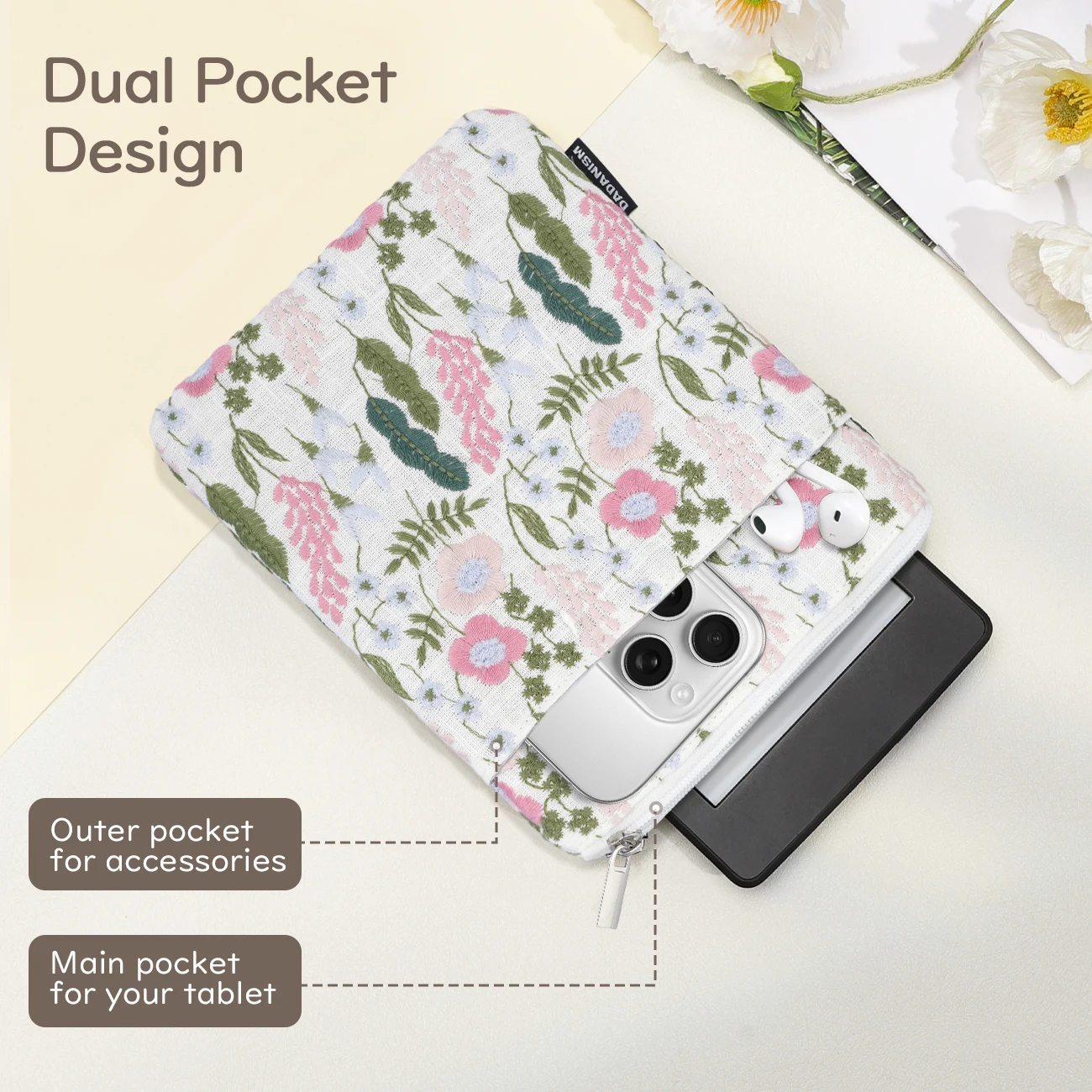 Capa protetora para leitor eletrônico Kindle/Kindle Oasis/Kobo de 6 ", manga acolchoada com margaridas bordadas para Kindle Paperwhite de 7"